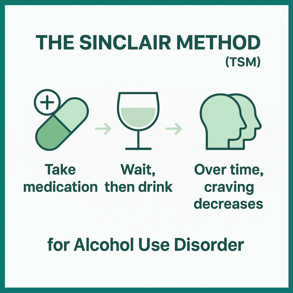 Diagram showing The Sinclair Method: Take medication, wait, then drink. Over time, craving decreases.